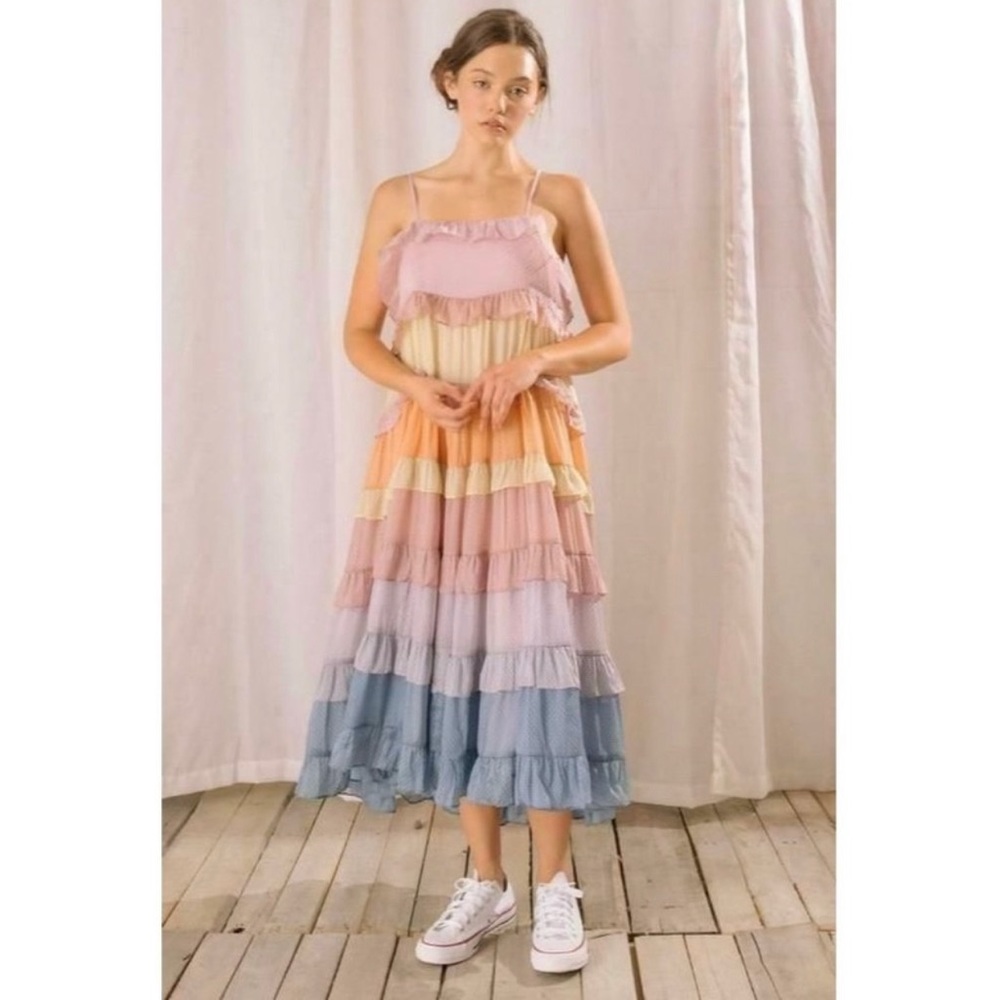 Storia Multi-tiered Polkadot Midi Dress
